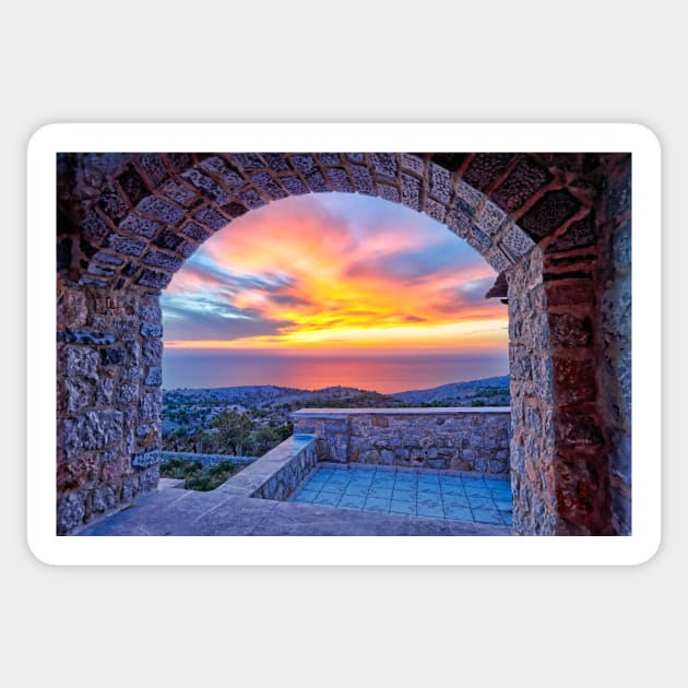 The sunset from the medieval mastic village of Avgonyma on the island of Chios, Greece Sticker by Constantinos Iliopoulos Photography